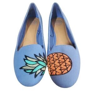 So Authentic Pineapple Flats Womens Size 9 Blue Canvas Slip On Embroidered Fruit